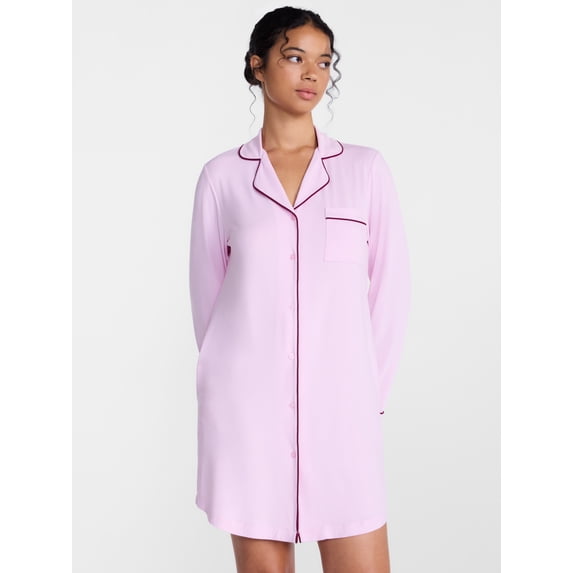 Joyspun Women's Dreamy Soft Collection Notch Collar Sleepshirt with Long Sleeves, Sizes XS-3X