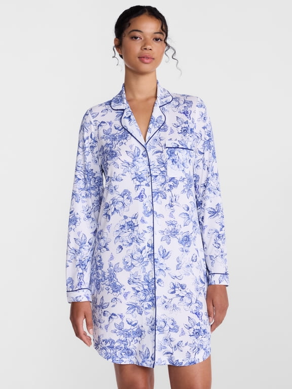 Women's Dreamy Soft Collection Notch Collar Sleepshirt with Long Sleeves, Sizes XS-3X