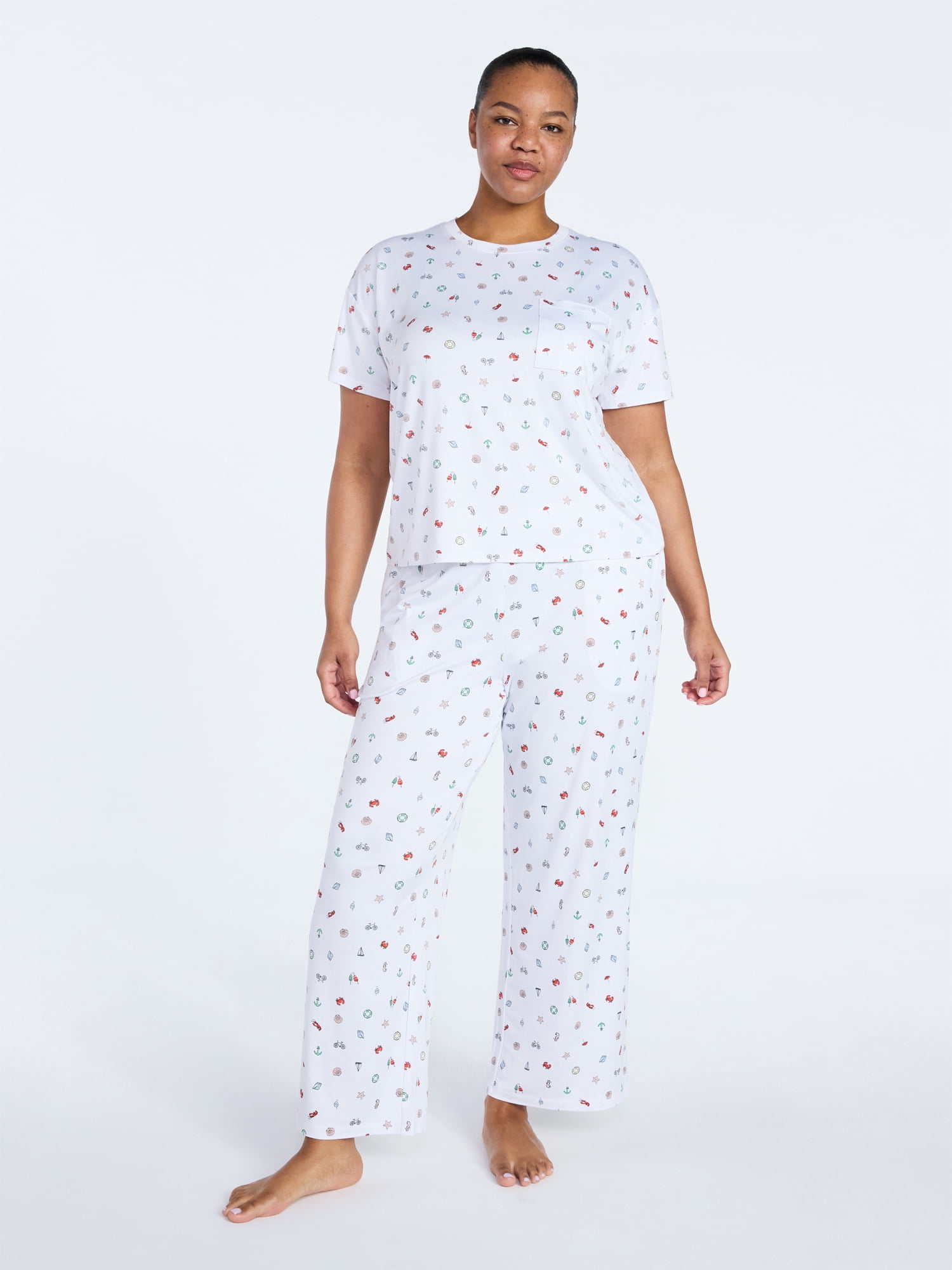 Joyspun Women's Dreamy Soft Collection Short Sleeve Sleep Top and Open Leg Pants Pajama Set, 2-Piece, Sizes XS-3X