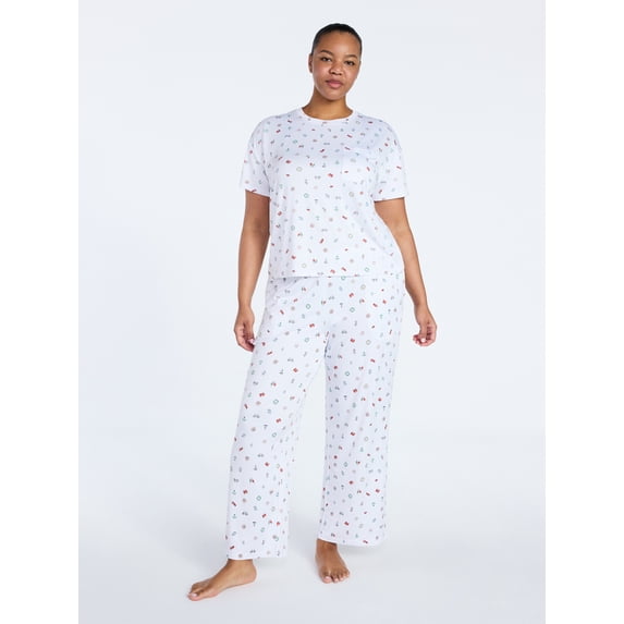 Joyspun Women's Dreamy Soft Collection Short Sleeve Sleep Top and Open Leg Pants Pajama Set, 2-Piece, Sizes XS-3X