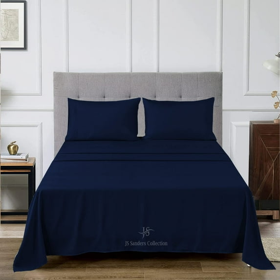JS Sanders Texas King 4pc Bed Sheet Set 1000 Thread Count Luxury Softest Bedding Sheet Set Upto 18" Deep Pocket 100% Egyptian Cotton Navy Blue Solid