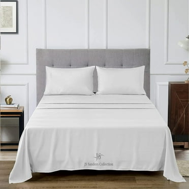 JS Sanders Texas King 80X98 Size 4pc Bed Sheet Set 800 Thread Count Luxury Softest Bedding Sheet Set Upto 15" Deep Pocket 100% Egyptian Cotton White Stripe