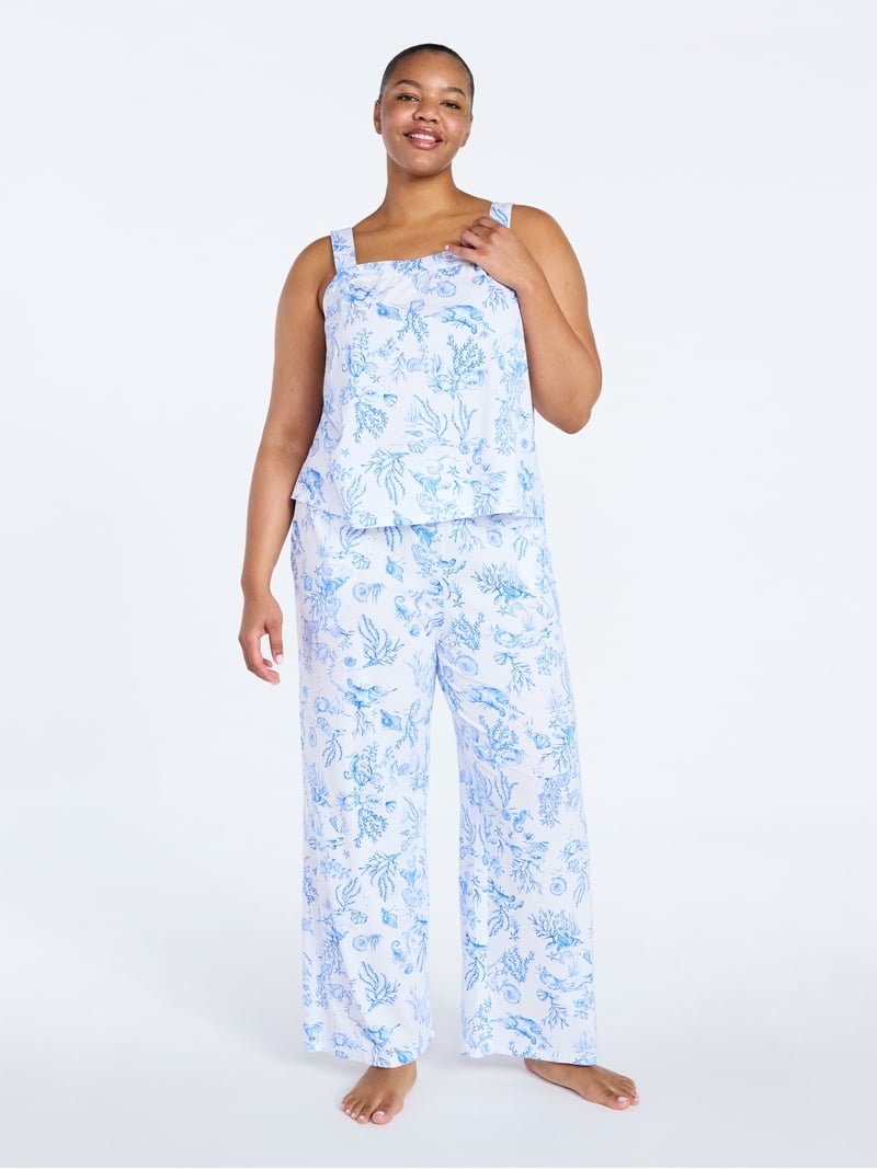 Joyspun Women's Wide Strap Cotton Tank Top and Pants Pajama Set, 2