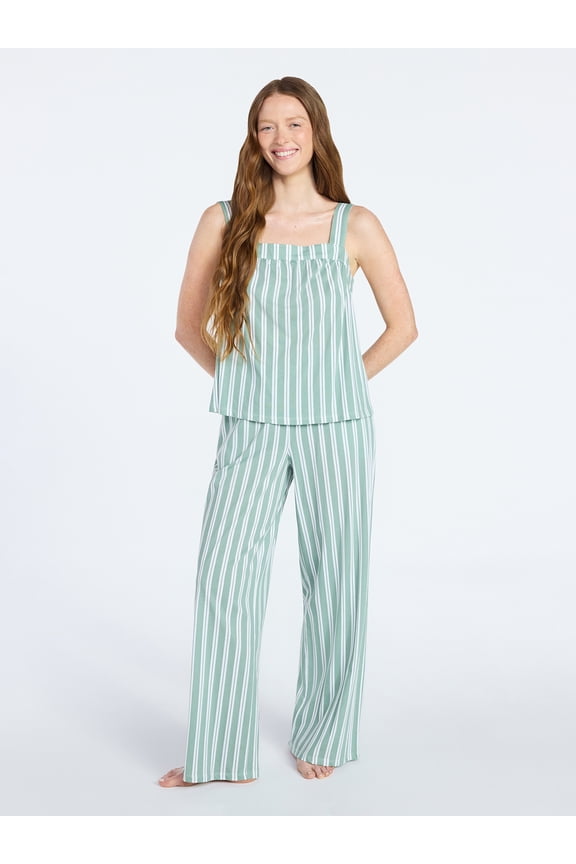 Women's Wide Strap Cotton Tank Top and Pants Pajama Set, 2-Piece, Sizes XS-3X