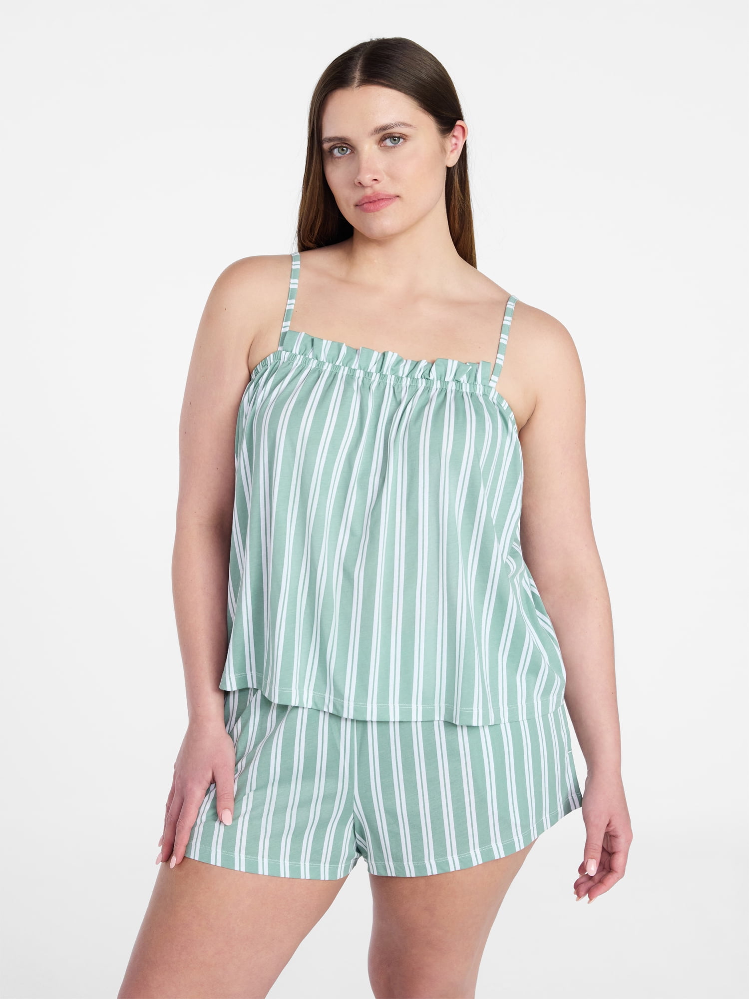 Joyspun Women's Cotton Ruffled Tank Top and Shorts Pajama Set, 2-Piece, Sizes XS-3X