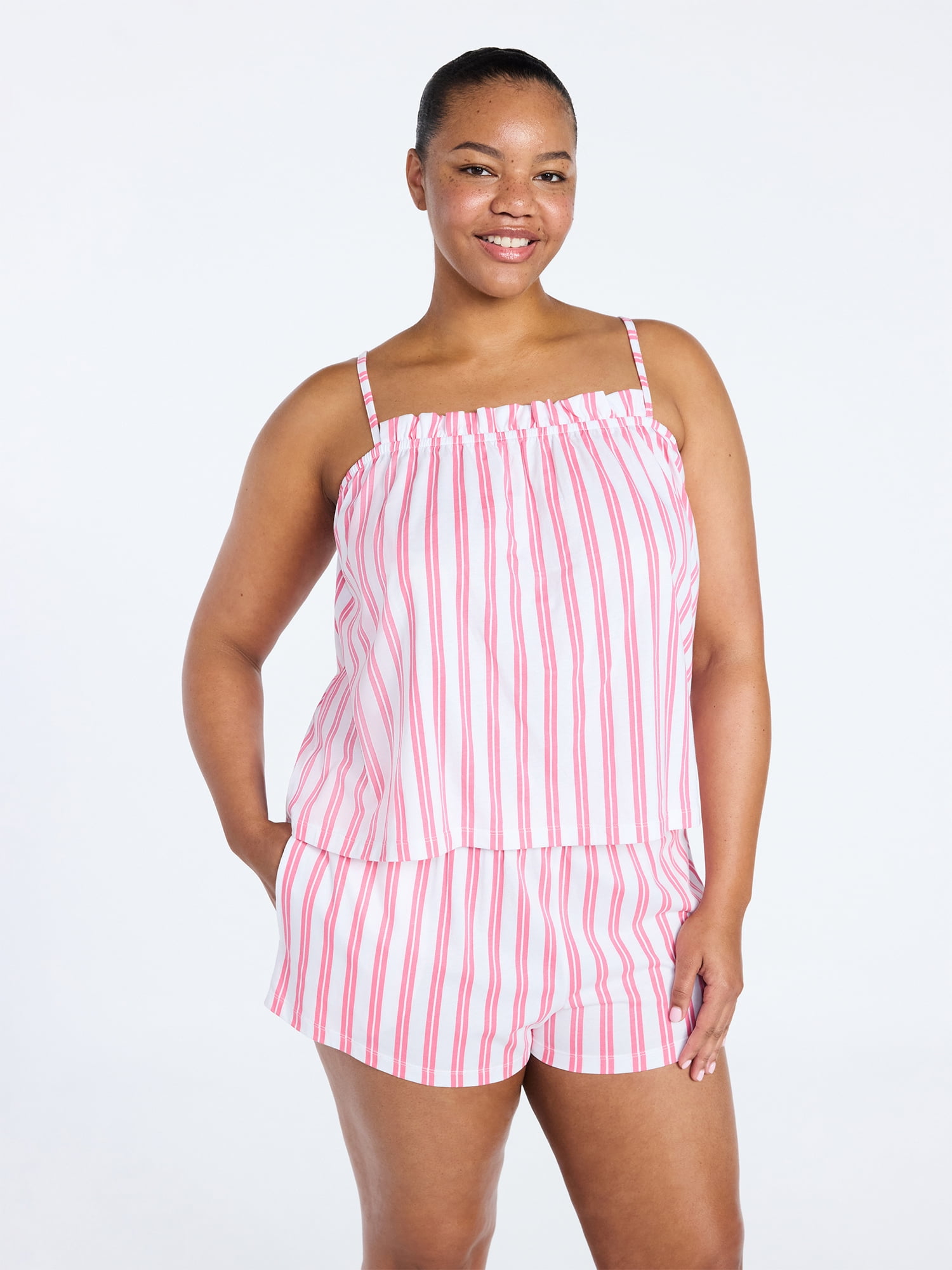 Joyspun Women's Cotton Ruffled Tank Top and Shorts Pajama Set, 2-Piece, Sizes XS-3X