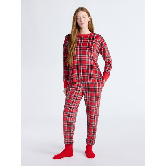 Joyspun Women’s Stretch Velour Long Sleeve Top, Pants, and Socks Pajama Set, 3-Piece, Sizes XS-4X