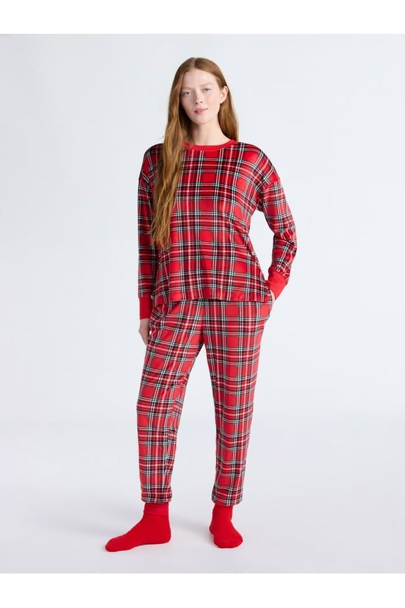 Women’s Stretch Velour Long Sleeve Top, Pants, and Socks Pajama Set, 3-Piece, Sizes XS-4X