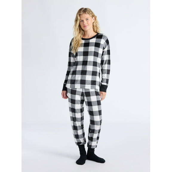 Joyspun Women’s Stretch Velour Long Sleeve Top, Pants, and Socks Pajama Set, 3-Piece, Sizes XS-4X