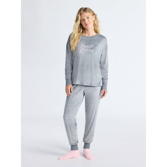 Joyspun Women’s Stretch Velour Long Sleeve Top, Pants, and Socks Pajama Set, 3-Piece, Sizes XS-4X
