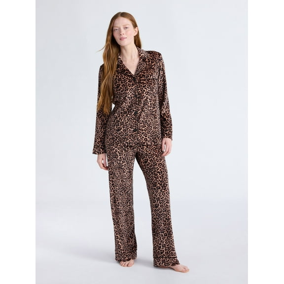 Joyspun Women’s Stretch Velour Notch Collar Long Sleeve Pajama Set, Sizes XS to 4X