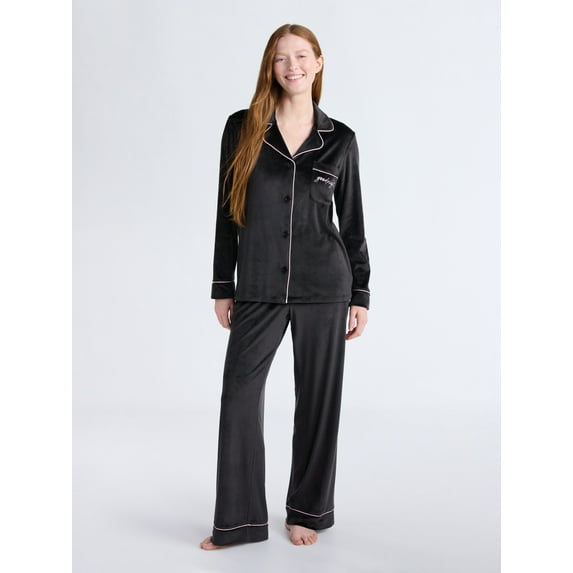 Joyspun Women’s Stretch Velour Notch Collar Long Sleeve Pajama Set, Sizes XS to 4X