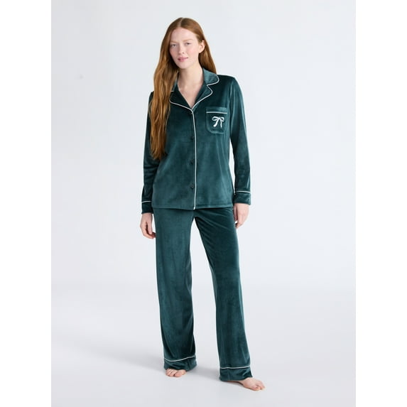 Joyspun Women’s Stretch Velour Notch Collar Long Sleeve Pajama Set, Sizes XS to 4X