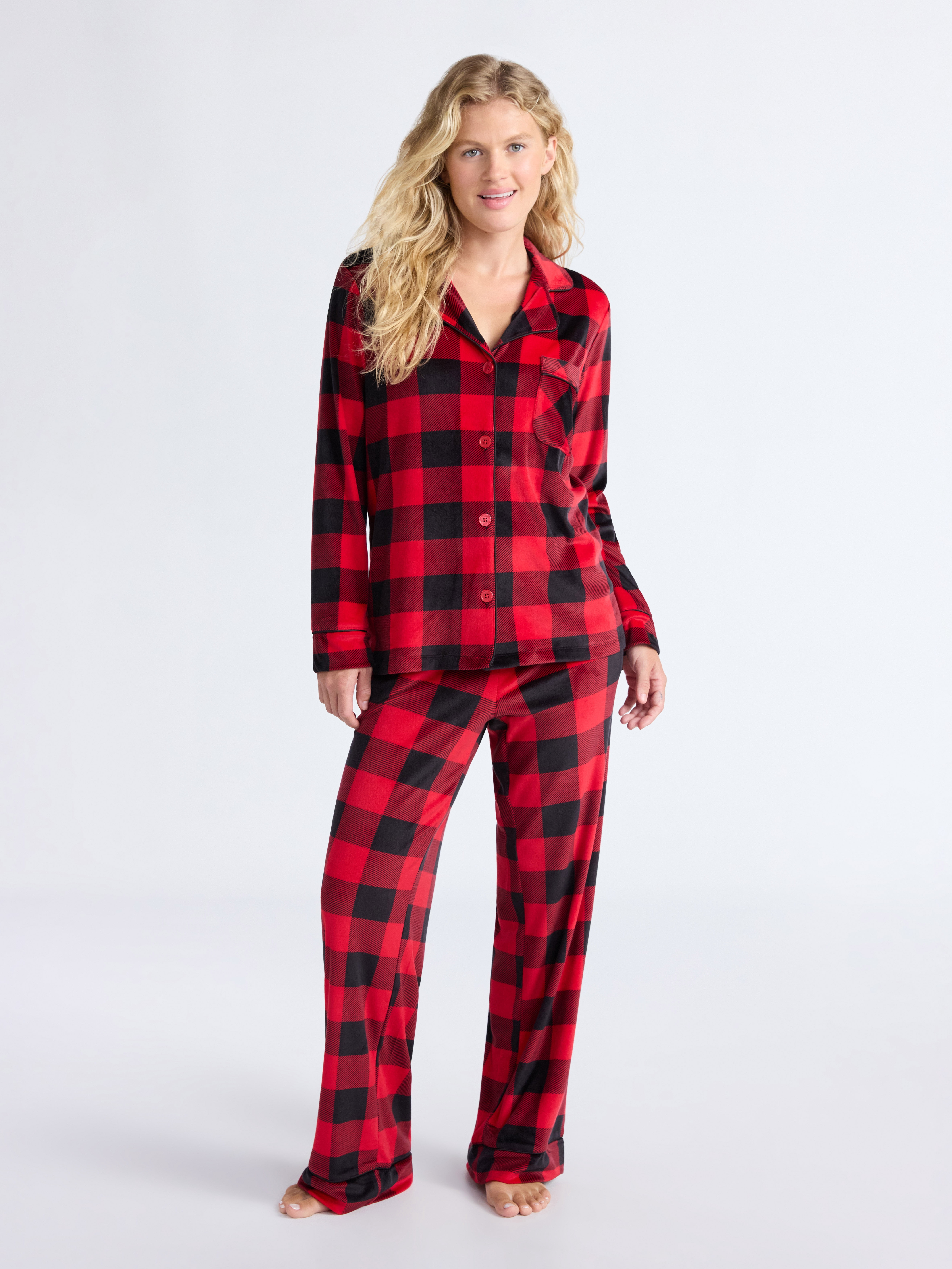Joyspun Women’s Stretch Velour Notch Collar Long Sleeve Pajama Set, Sizes XS to 4X