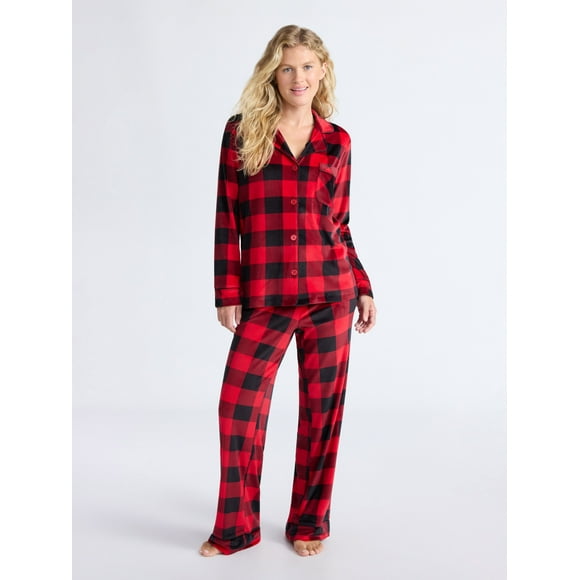Joyspun Women’s Stretch Velour Notch Collar Long Sleeve Pajama Set, Sizes XS to 4X
