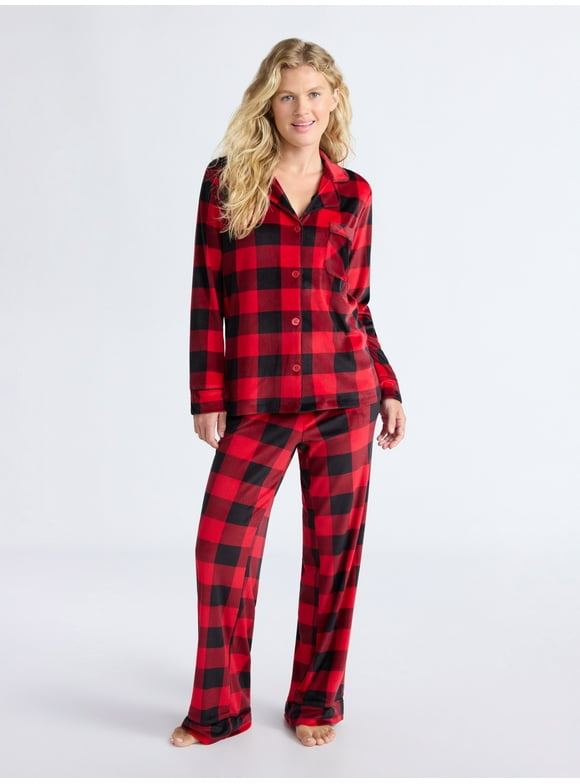 Women’s Stretch Velour Notch Collar Long Sleeve Pajama Set, Sizes XS to 4X
