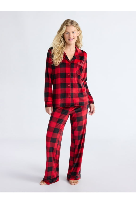Women’s Stretch Velour Notch Collar Long Sleeve Pajama Set, Sizes XS to 4X