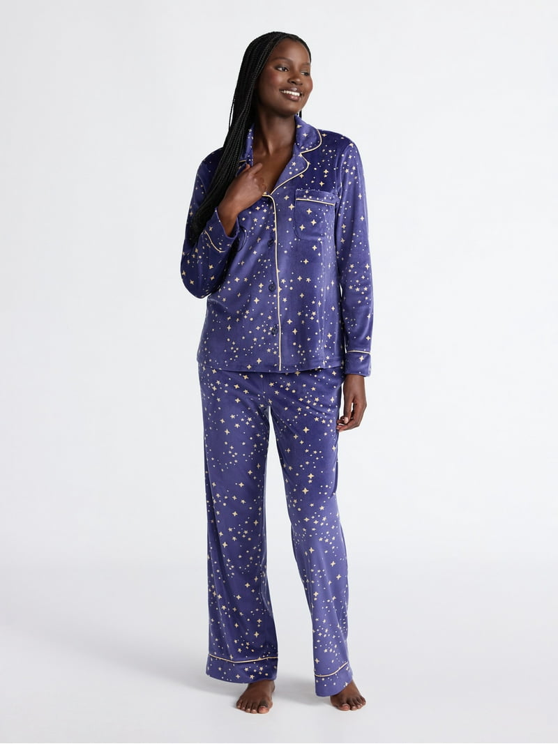 Joyspun Women's Stretch Velour Notch Collar Long Sleeve Pajama Set