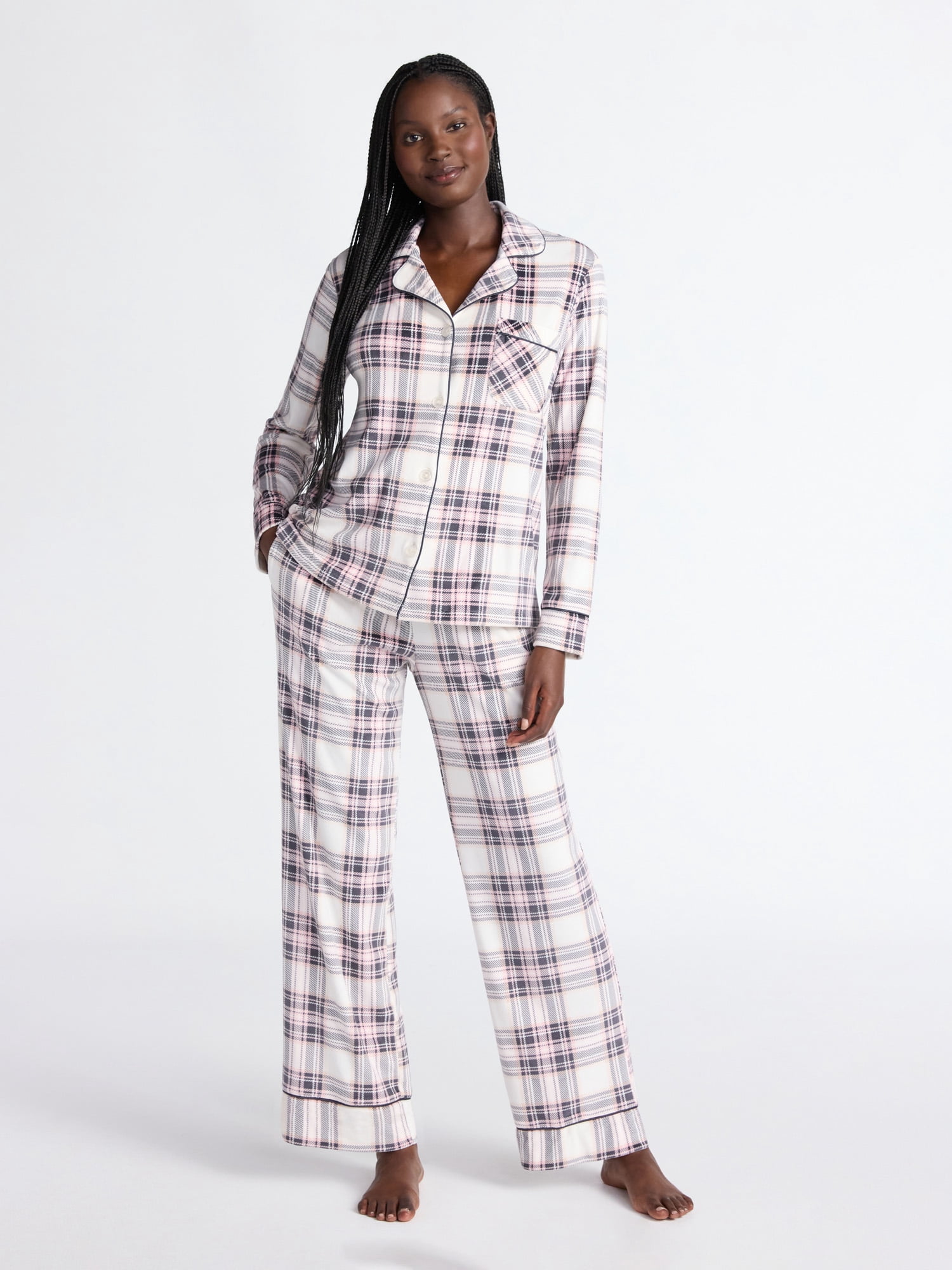 Joyspun Women’s Stretch Velour Notch Collar Long Sleeve Pajama Set, Sizes XS to 4X