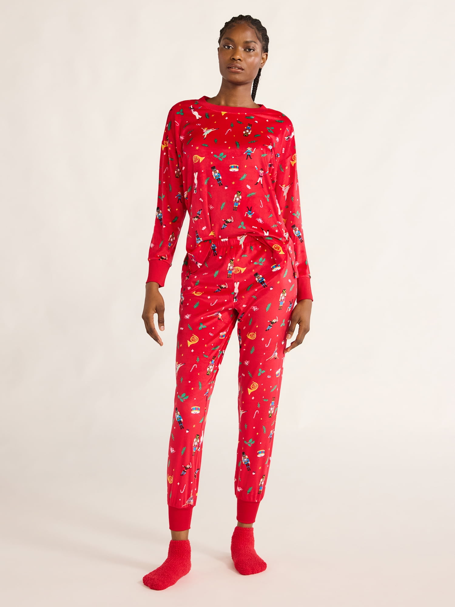 Joyspun Women's Stretch Velour Pajama Set with Socks, 3-Piece, Sizes XS-3X