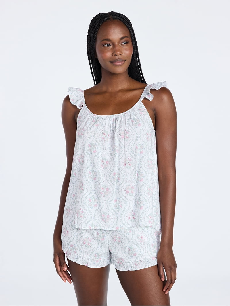 Joyspun Women's Woven Sleep Cami and Shorts Set with Ruffle, 2