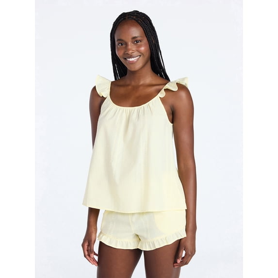 Joyspun Women's Seersucker Sleep Cami and Shorts Set with Ruffle, 2-Piece, Sizes XS-3X