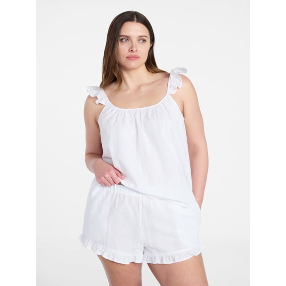 Joyspun Women's Seersucker Sleep Cami and Shorts Set with Ruffle, 2-Piece, Sizes XS-3X