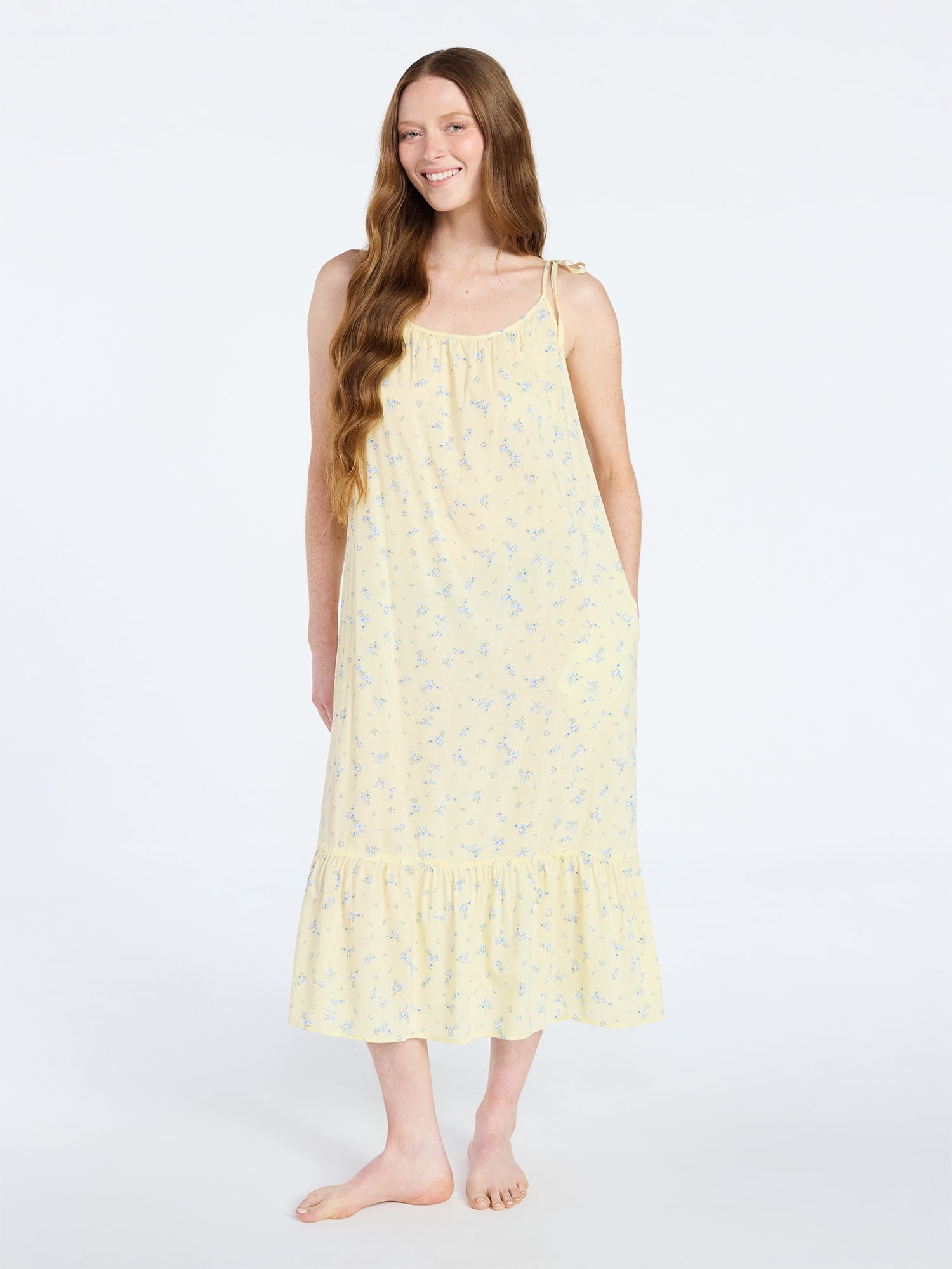 Joyspun Women's Woven Midi Sleep Gown with Shoulder Tie, Sizes XS to 3X