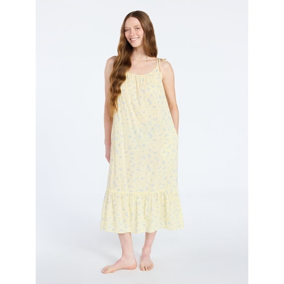 Joyspun Women's Woven Midi Sleep Gown with Shoulder Tie, Sizes XS to 3X