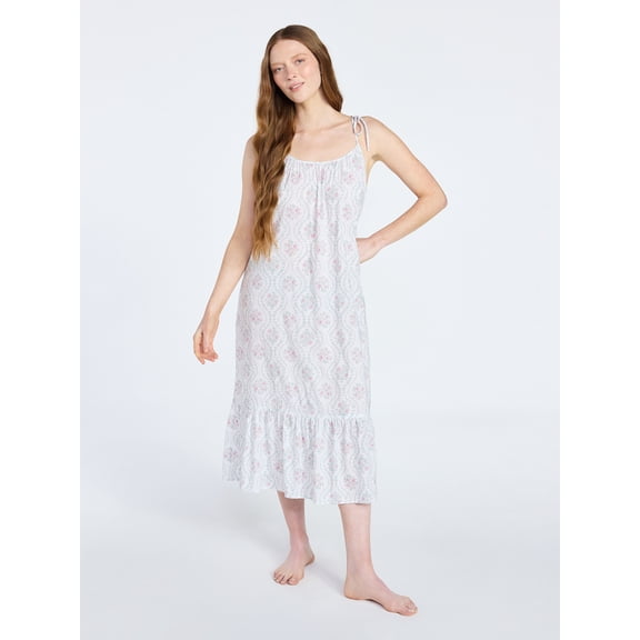 Joyspun Women's Woven Midi Sleep Gown with Shoulder Tie, Sizes XS to 3X