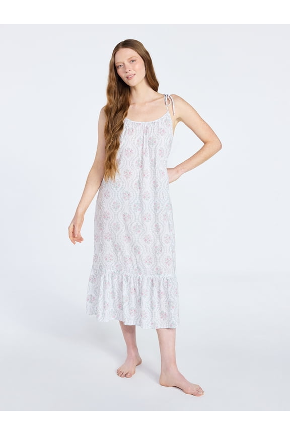 Women's Woven Midi Sleep Gown with Shoulder Tie, Sizes XS to 3X