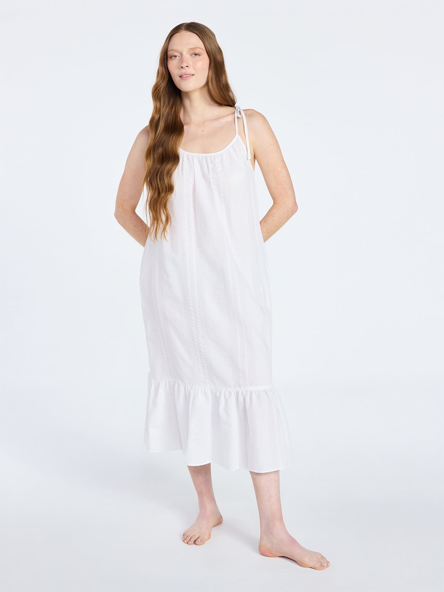 Joyspun Women's Seersucker Midi Sleep Gown with Shoulder Tie, Sizes XS to 3X