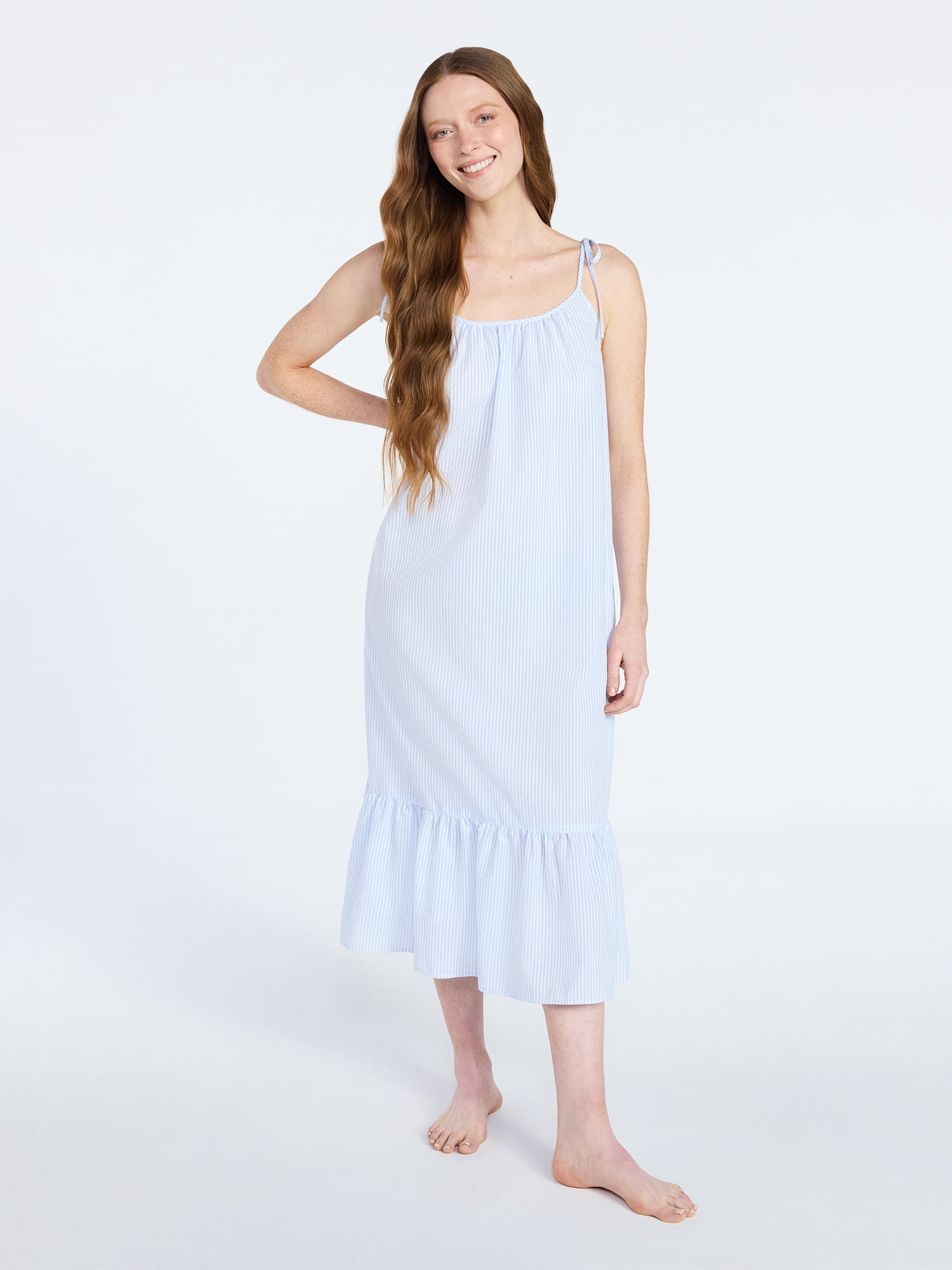 Joyspun Women's Seersucker Midi Sleep Gown with Shoulder Tie, Sizes XS to 3X