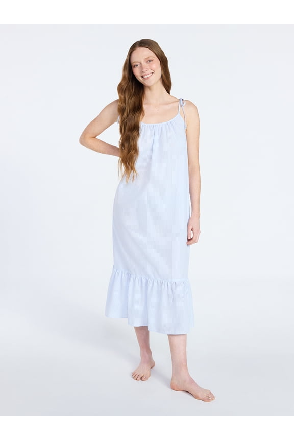 Women's Seersucker Midi Sleep Gown with Shoulder Tie, Sizes XS to 3X