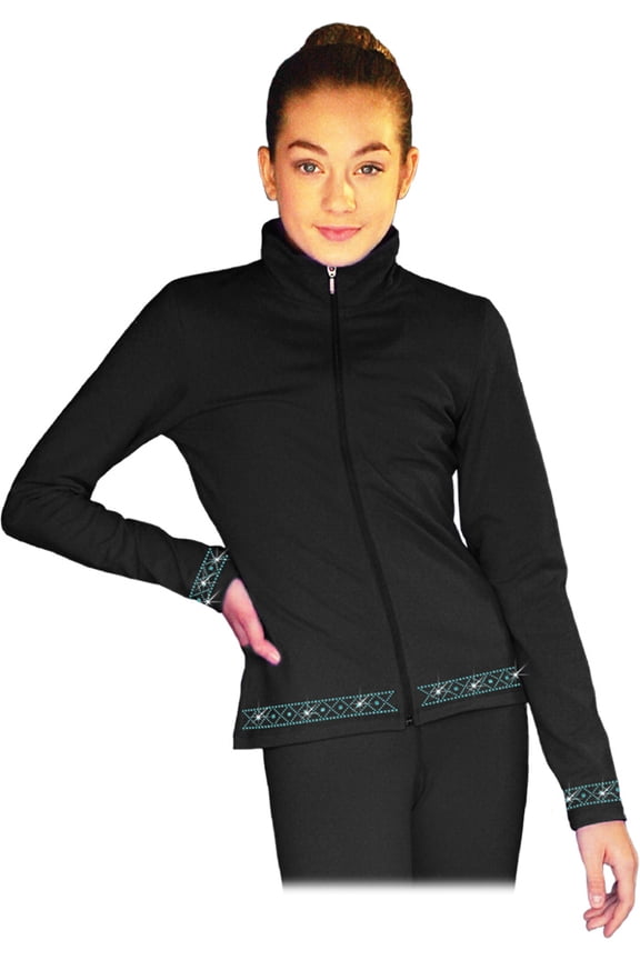 JS735 Solid Black Elite Figure Skating Jacket w/ Thumb Holes w/ Thumb Holes and Crystal Design (AL, TQ Crystal)