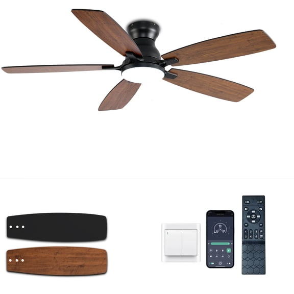 JSAITEE Ceiling Fans with Lights, 52 Inch Low Profile Ceiling Fan with Light and Remote Control, Flush Mount, DC Reversible Motor, Noiseless, Brown 6 Speeds Ceiling Fan for Bedroom