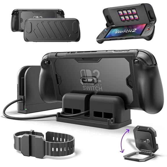 JSAUX ModCase for Switch 2, Full-Body Protective Case, Dock Set | Shockproof Case ModCase with Front Cover, Back Shell, Metal Kickstand, Silicone Strap, Base Stand & Extender,Ergonomic Design