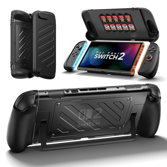 JSAUX Split Protective Grip Case for Switch 2 with Front Cover | Drop Protection, Dockable, Ergonomic Non-Slip Grip, Kickstand Compatible, PC Front Cover, TPU Middle Frame, 10-Card Storage