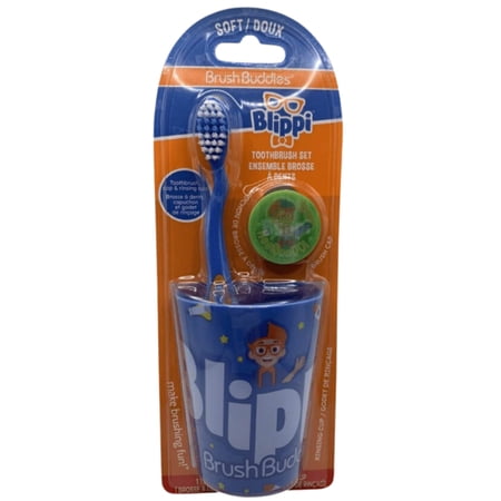 JSC Blippi Toothbrush Kit with Cup Blippi Toothbrush Cap and Rinsing Cup Thumb Grip BPA Free Strong Plastic Top-Rack-Dishwasher-Safe Birthday Gift Kid Playground Interesting Fun Way Brushing Pack of 1