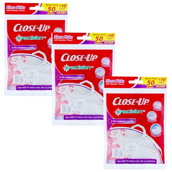 JSC Close-Up Floss Picks Bonus Pack 50 + 10 Pcs Precision Lofts Between Teeth Grip Reduces Risk Gingivitis Ergonomically Designed without Shredding Pack of 3