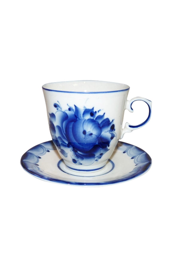 Florals Porcelain Cup and Saucer Set 9.1 fl oz (270 ml) Floral Teacup with Saucer for One Porcelain Tea and Coffee Cup for Home Kitchen, Service for 1, Blue and White