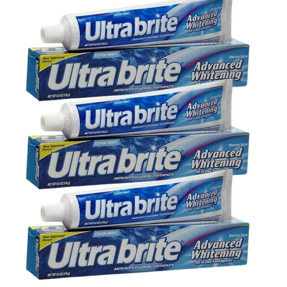 JSC Ultra Brite Advanced Whitening Toothpaste Clean - Mint Flavor 6.0 Ounces Remove Stains Whitens Teeth Fights Cavities Freshens Breath Great Healthy and Radiant Gums Pack of 3