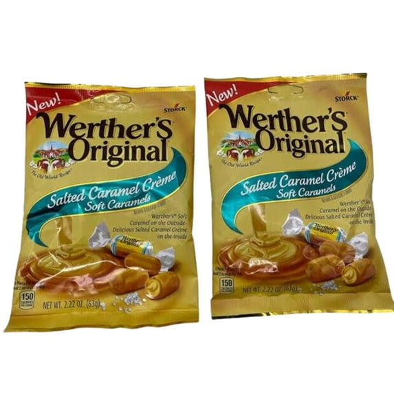 JSC Werther's Original Salted Soft Caramel Crème 2.22 Ounces Candy Deliciously Soft Creamy Caramel Flavor Snack Party Favor Treat Stocking Stuffer Gift on Birthdays Holidays Classroom Prizes Pack of 2