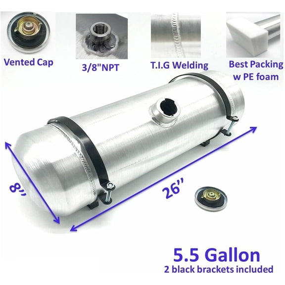 JSD AUTO PARTS 8" x26" 5.5 Gallons Fuel Tank Center Fill 3/8 NPT Outlet Spun Aluminum Gas Tank