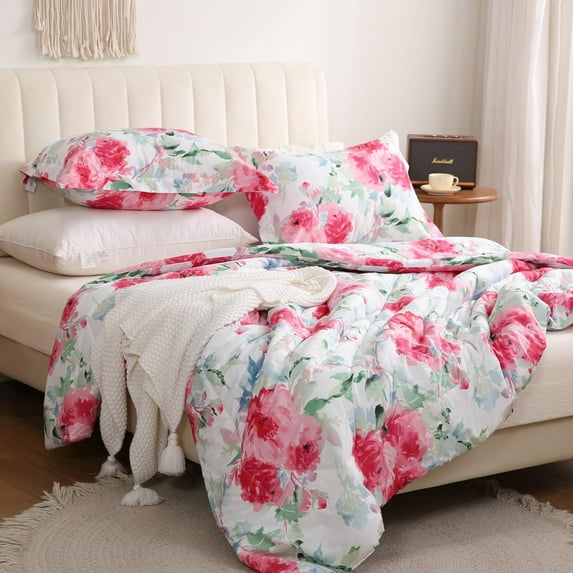 JSD Boho Floral Comforter Set Size 3 Piece Blush Botanical Printed Microfiber Bedding Set (88 x 88 inches 2 Pillow Shams)