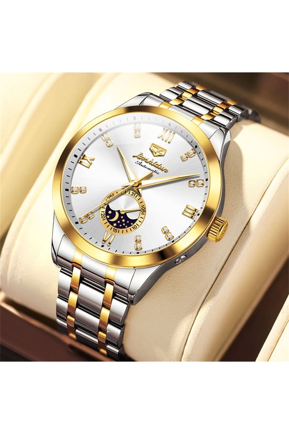 Automatic Watches for Men Self Winding Mechanical Luminous Multifunction Classic Dress Moon Phase Luxury Stainless Steel Strap Reloj Para Hombre Golden White Dial