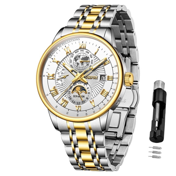 JSDUN Automatic Watches for Men Self Winding Mechanical Moon Phase Multi Calendar Luminous Luxury Style Date Fashion Dress Stainless Steel Reloj Para Hombre