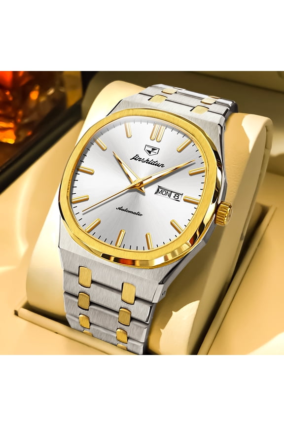 Automatic Watches for Men Self Winding Mechanical Multi Calendar Luminous Fashion Dress Luxury Style Stainless Steel Reloj Para Hombre Golden White Dial