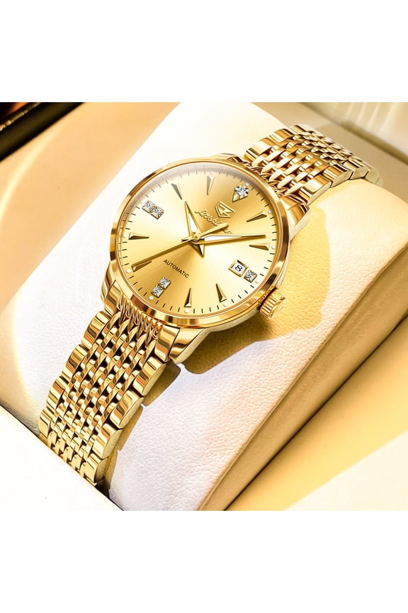 Automatic Watches for Men Self Winding Mechanical Multi Calendar Luxury Dress Two Tone Plated Golden Big Face Stainless Steel Bracelet Roman Numeral Luminous Para Hombre