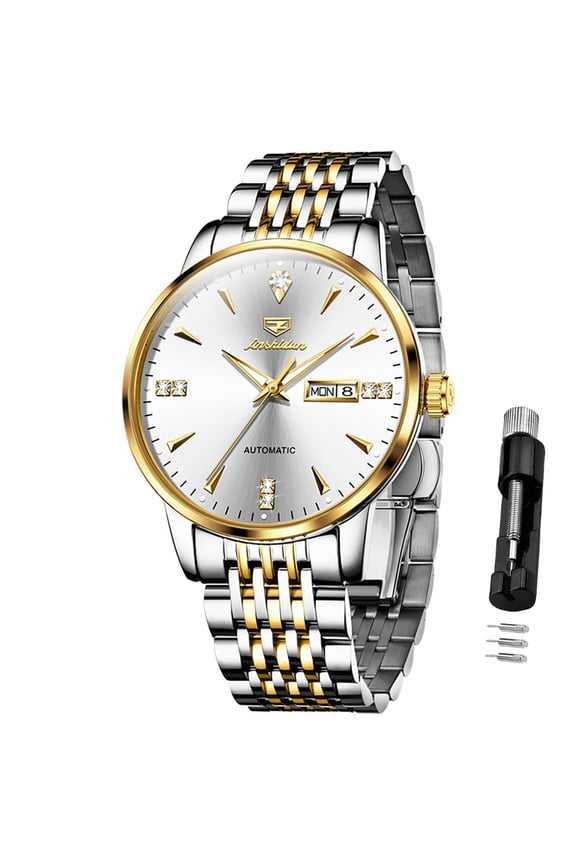JSDUN Automatic Watches for Men Self Winding Mechanical Multi CalendarRoman Numeral Plated Golden Classic Business Design Two Tone Luminous Stainless Steel Bracelet Sophisticated Reloj Para Hombre